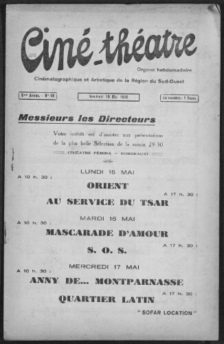 Ciné-Théâtre : Organe Hebdomadaire Cinématographique Artistique et Mondain de Toulouse et de la Région. (A005, N0019).