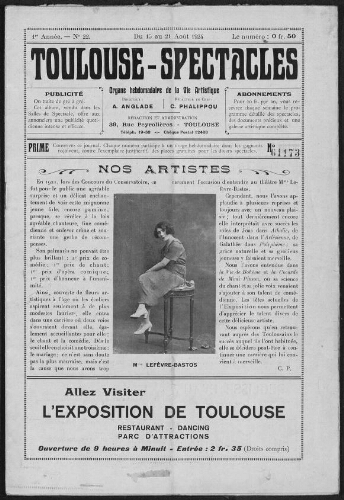 Toulouse-Spectacles : Organe Hebdomadaire de la Vie Artistique. (A001, N0022).