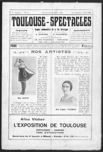 Toulouse-Spectacles : Organe Hebdomadaire de la Vie Artistique. (A001, N0015).